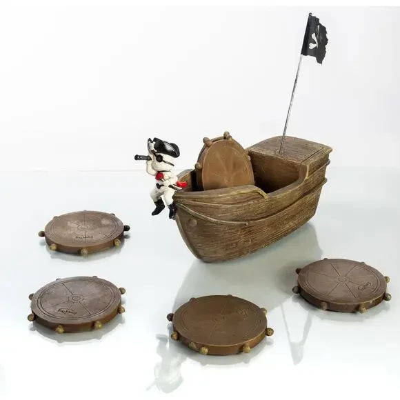 Pirate Ship Coasters Set of 6, Full Size Rustic Coaster in Handmade Canoe, Cute - Picture 1 of 7